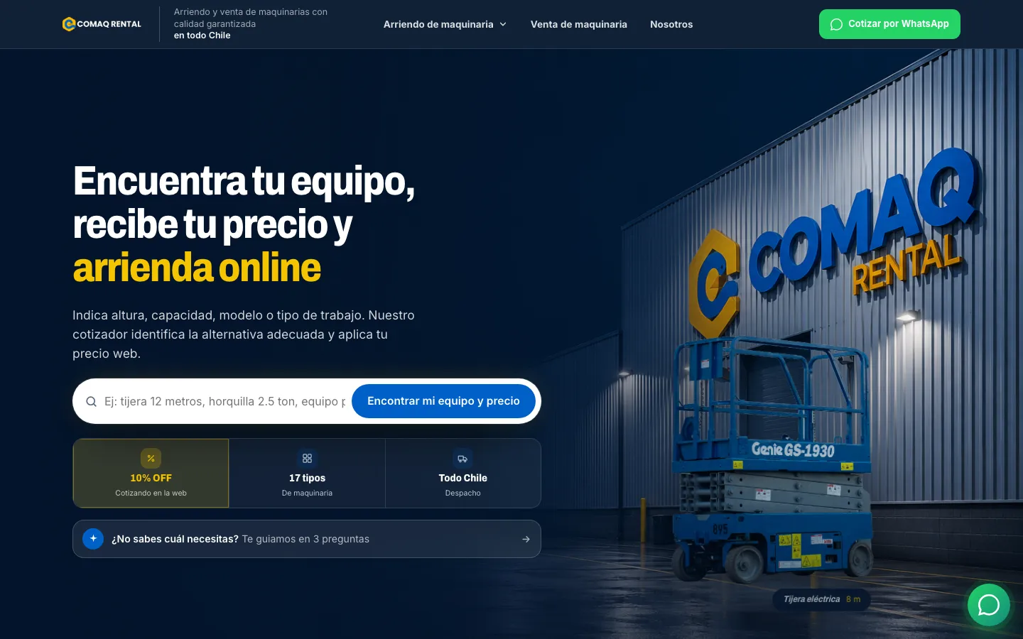 La web de COMAQ Rental con su buscador de equipos