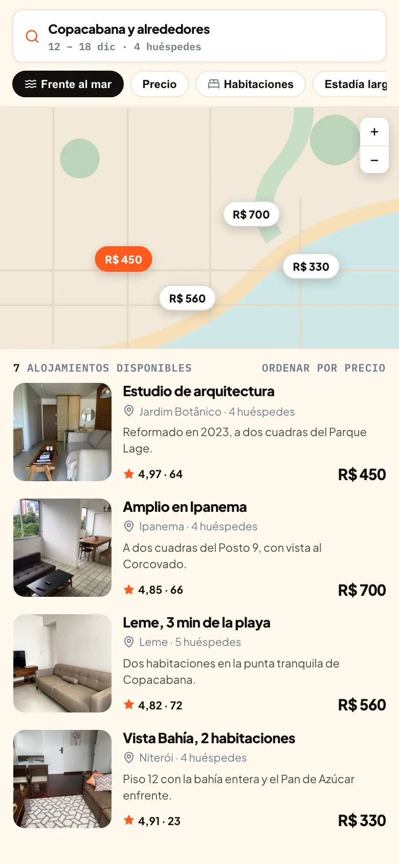 Resultados con mapa — Una coanfitriona de Airbnb con veinte departamentos en Río de Janeiro