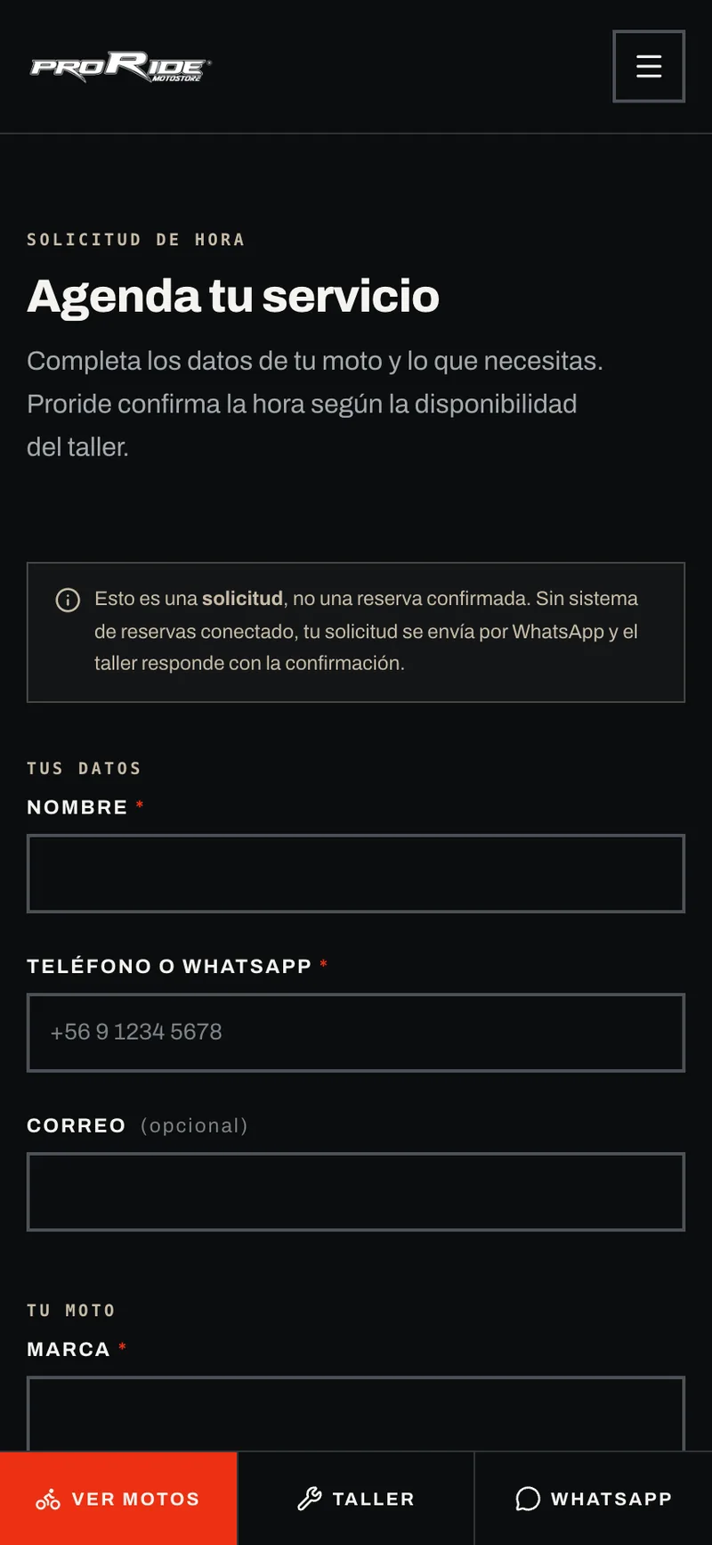 Pantalla del sistema de Proride